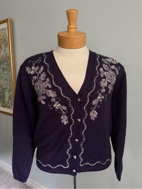 Vintage Koret Embroidered Cardigan Purple Floral Heart Button Sweater M